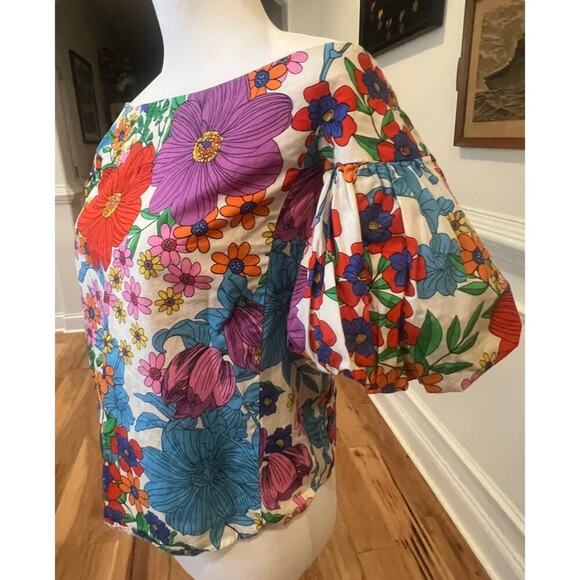 H&M Multicolor Puffy Sleeve Wide Neck Top - Size 4 - Picture 2 of 5